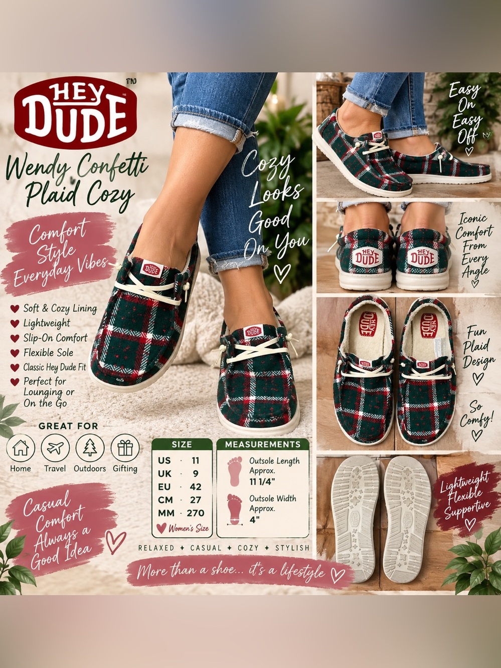 Hey Dude women’s Plaid Slip-On Shoes in Green and Red